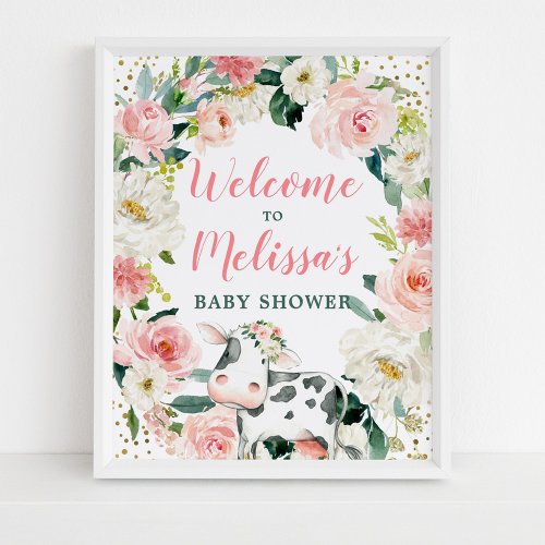 Pink Gold Floral Cow Girl Baby Shower Welcome Poster