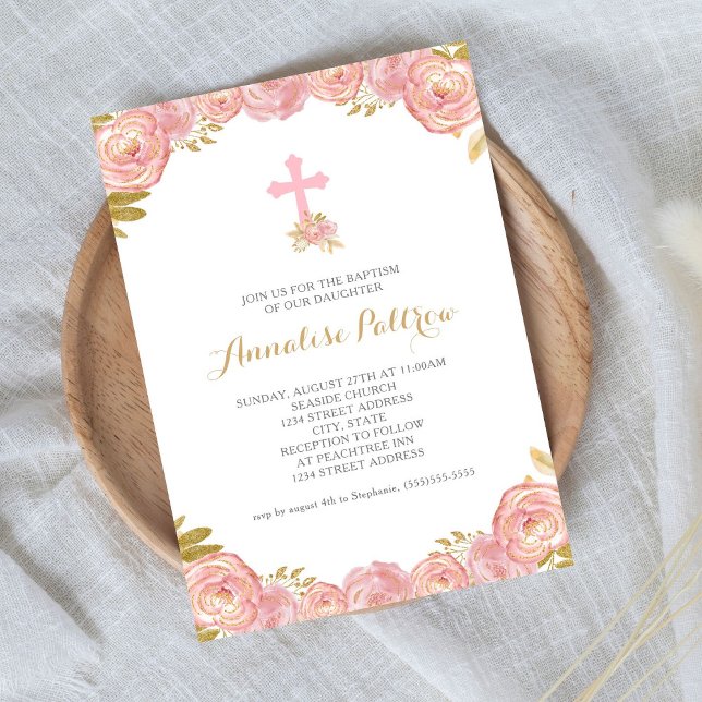 Pink Gold Floral Cross Minimalist Baptism Invitation (Creator Uploaded)
