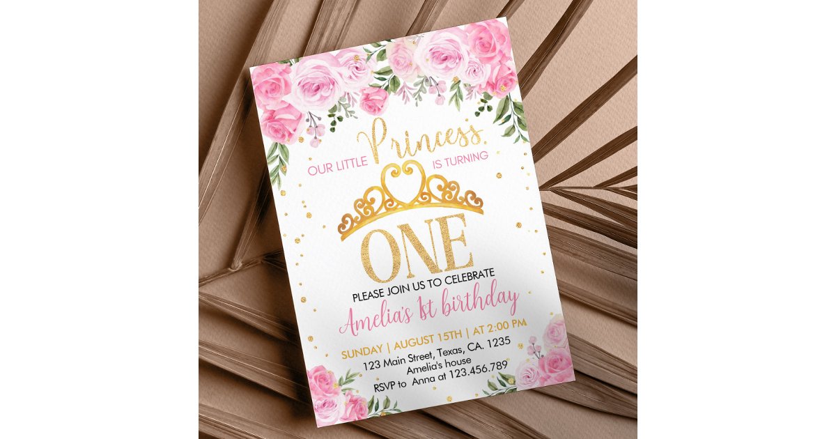 Pink Gold Floral Crown Princess 1st Birthday Invitation | Zazzle