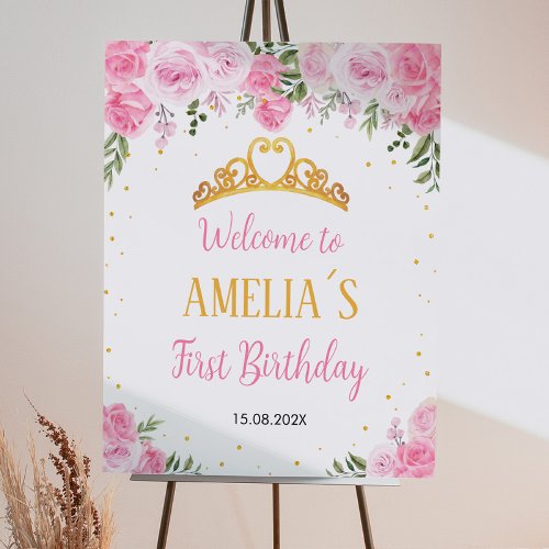 Pink Gold Floral Crown Princess Birthday Foam Board