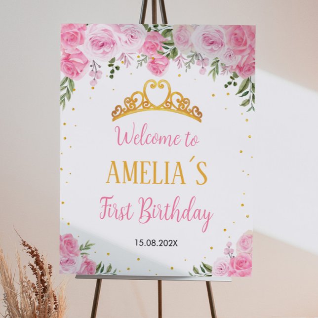 Pink Gold Floral Crown Princess Birthday Foam Board (Creator Uploaded)