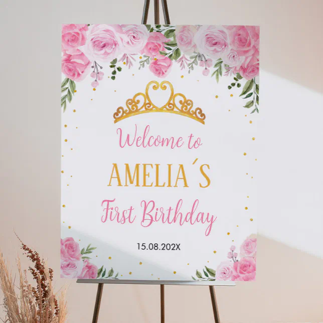 Pink Gold Floral Crown Princess Birthday Foam Board | Zazzle