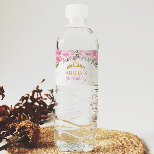 Pink Gold Floral Crown Princess Birthday Water Bottle Label