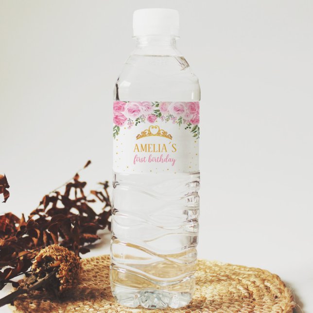 Pink Gold Floral Crown Princess Birthday Water Bottle Label (Creator Uploaded)