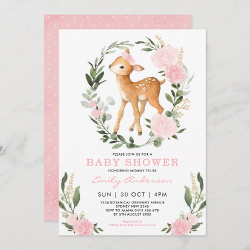 Pink Gold Floral Deer Forest Greenery Baby Shower Invitation