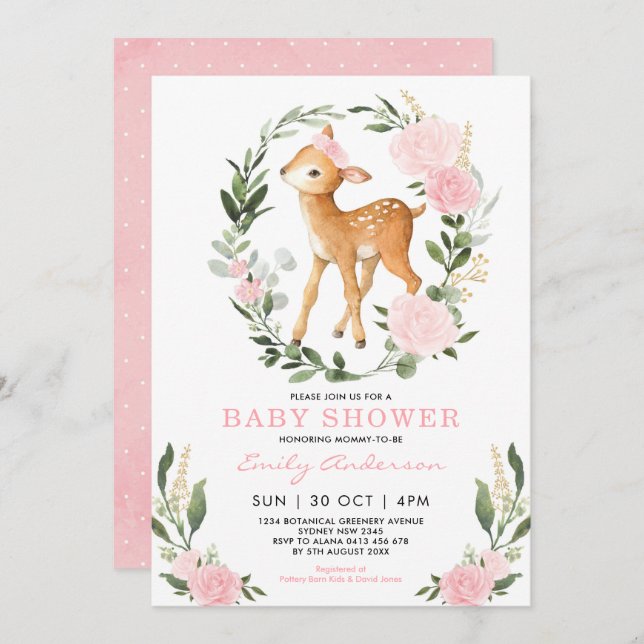 Pink Gold Floral Deer Forest Greenery Baby Shower Invitation (Front/Back)