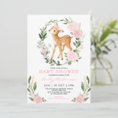 Pink Gold Floral Deer Forest Greenery Baby Shower Invitation (Standing Front)