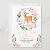 Pink Gold Floral Deer Forest Greenery Baby Shower Invitation (Front)