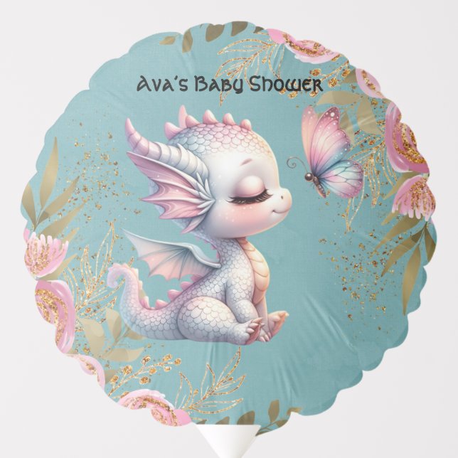Pink Gold Floral Dragon Butterfly Girl Baby Shower Balloon (Front)
