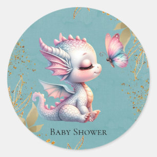 Pink Gold Floral Dragon Butterfly Girl Baby Shower Classic Round Sticker