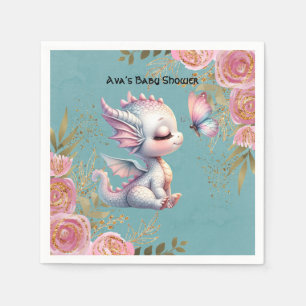 Pink Gold Floral Dragon Butterfly Girl Baby Shower Napkins
