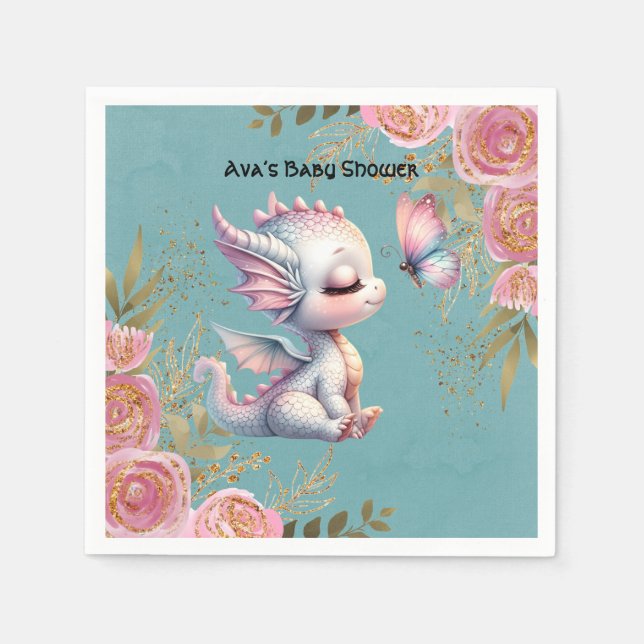 Pink Gold Floral Dragon Butterfly Girl Baby Shower Napkins (Front)