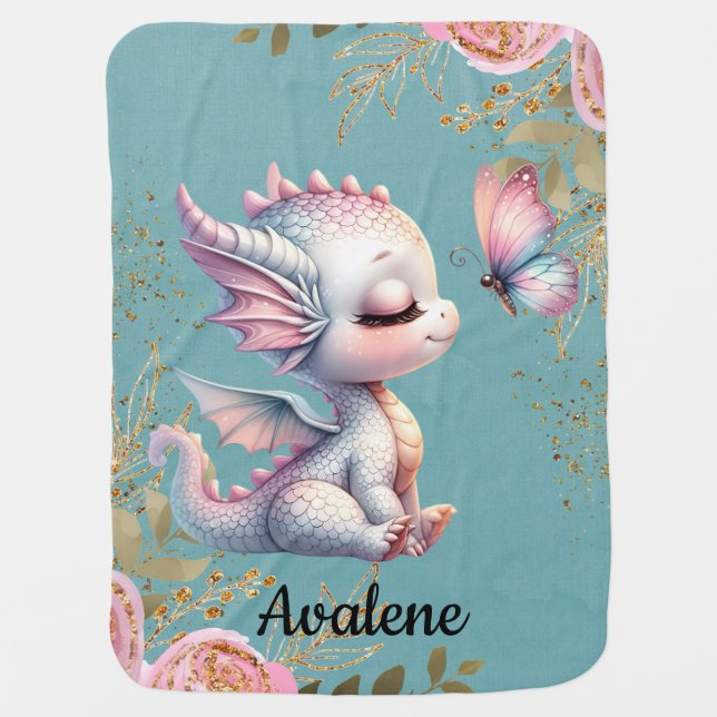Pink Gold Floral Dragon Butterfly Girl Gift Baby Blanket (Front)