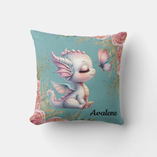 Pink Gold Floral Dragon Butterfly Girl Gift Throw Pillow