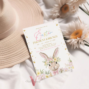 Pink Gold Floral Easter Egg Hunt & Brunch Bunny  Invitation