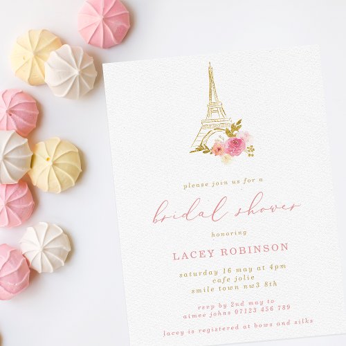 Pink  Gold Floral Eiffel Tower Bridal Shower Invitation