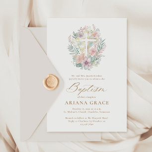 Pink Gold Floral Elegant Watercolor Cross Baptism Invitation