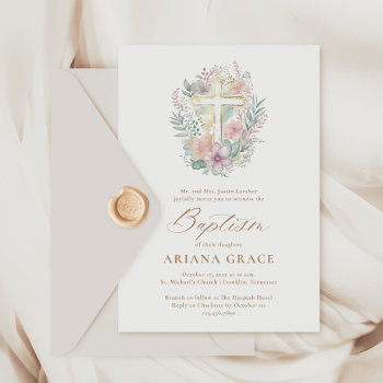Pink Gold Floral Elegant Watercolor Cross Baptism Invitation by JAmberDesign at Zazzle