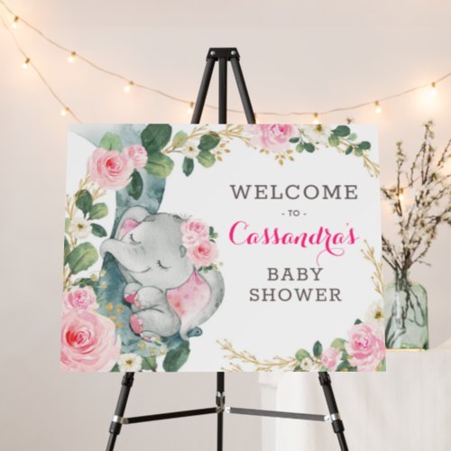 Pink Gold Floral Elephant Baby Girl Welcome Sign