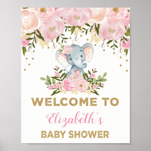 Pink Gold Floral Elephant Baby Shower Welcome Sign