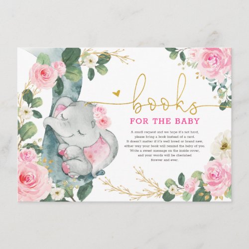 Pink Gold Floral Elephant Books for Baby Girl Enclosure Card