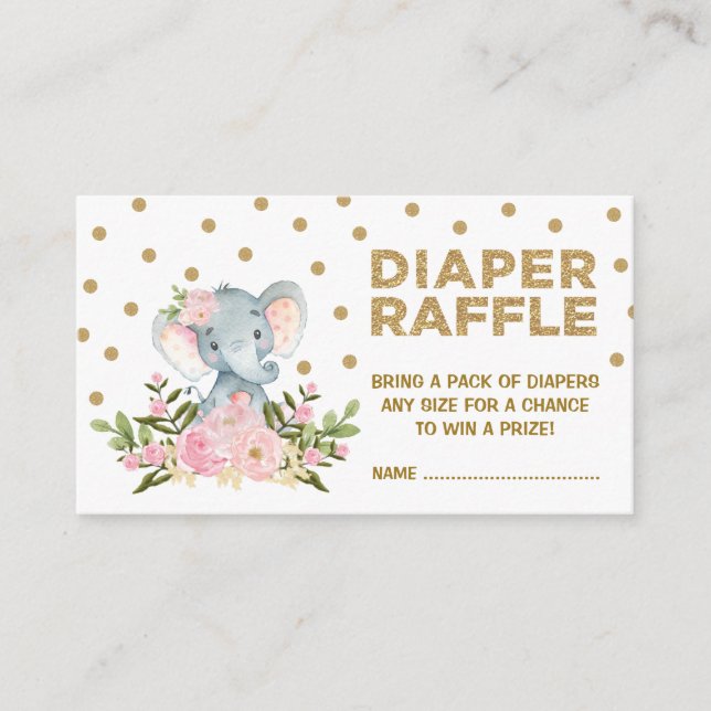 Pink & Gold Floral Elephant Diaper Raffle Ticket Enclosure Card (Front)