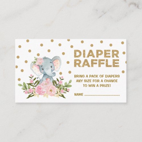 Pink  Gold Floral Elephant Diaper Raffle Ticket Enclosure Card