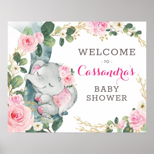 Pink Gold Floral Elephant Eucalyptus Welcome Poster
