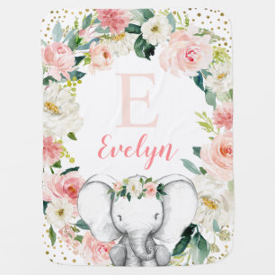 Pink Gold Floral Elephant Girl Baby Blanket