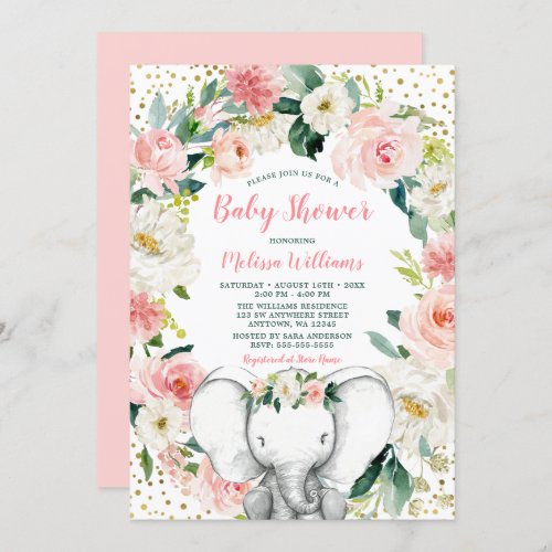 Pink Gold Floral Elephant Girl Baby Shower Invitation