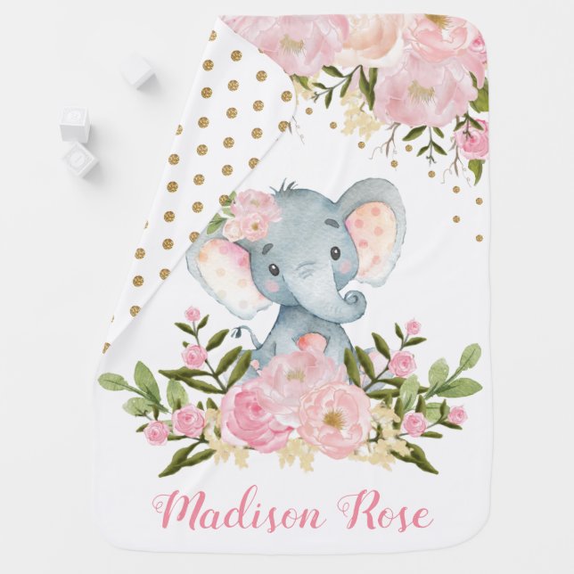 Pink & Gold Floral Elephant Nursery Baby Blanket (In Situ)