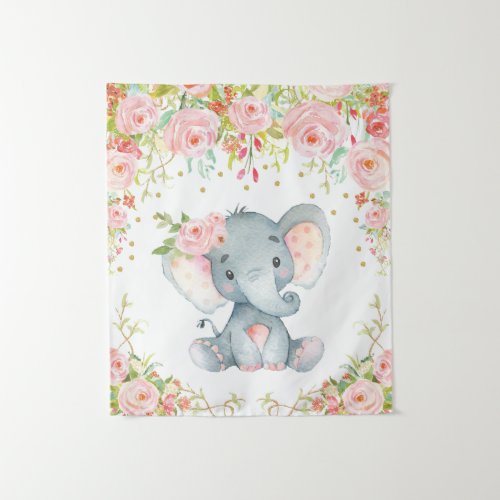 Pink Gold Floral Elephant Nursery Baby Girl Decor Tapestry