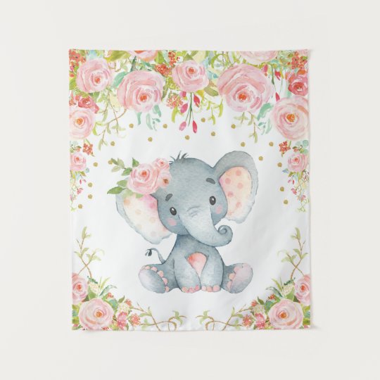 Pink Gold Floral Elephant Nursery Baby Girl Decor Tapestry