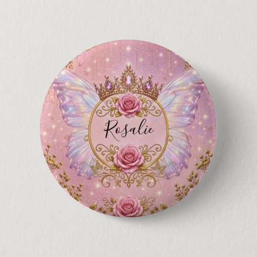 Pink & Gold Floral Fairy Princess Roses Butterfly Button