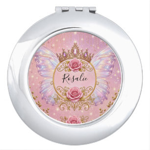 Pink & Gold Floral Fairy Princess Roses Butterfly Compact Mirror