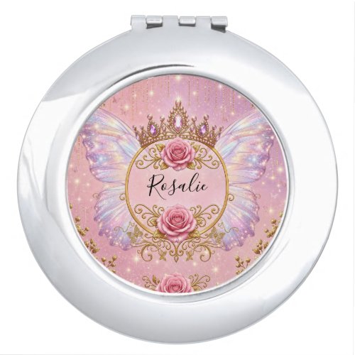 Pink & Gold Floral Fairy Princess Roses Butterfly Compact Mirror