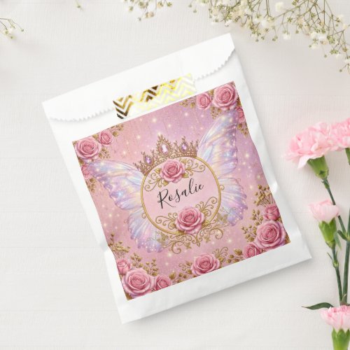 Pink & Gold Floral Fairy Princess Roses Butterfly Favor Bag