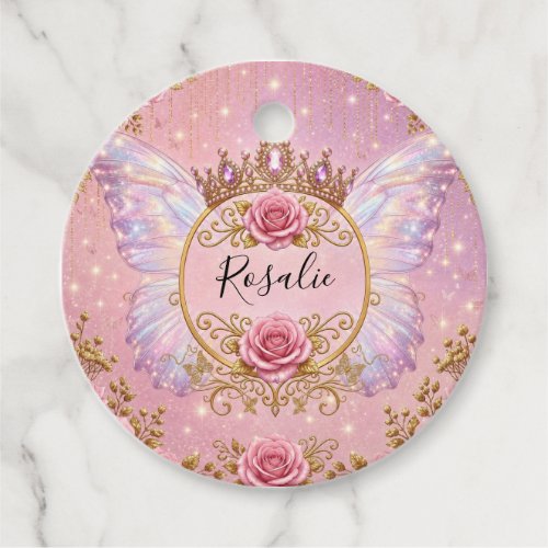 Pink & Gold Floral Fairy Princess Roses Butterfly Favor Tags