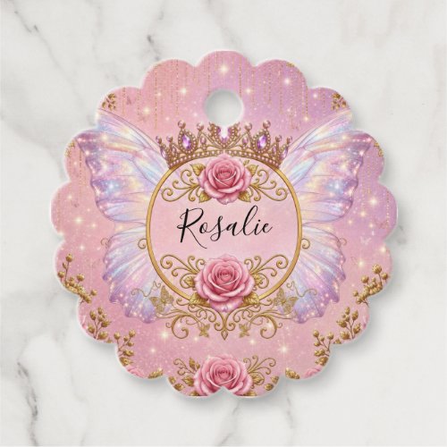 Pink & Gold Floral Fairy Princess Roses Butterfly Favor Tags