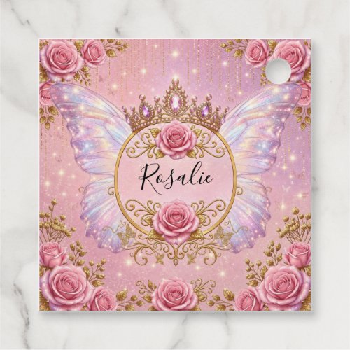Pink & Gold Floral Fairy Princess Roses Butterfly Favor Tags