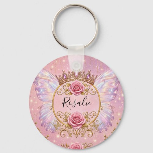 Pink & Gold Floral Fairy Princess Roses Butterfly Keychain