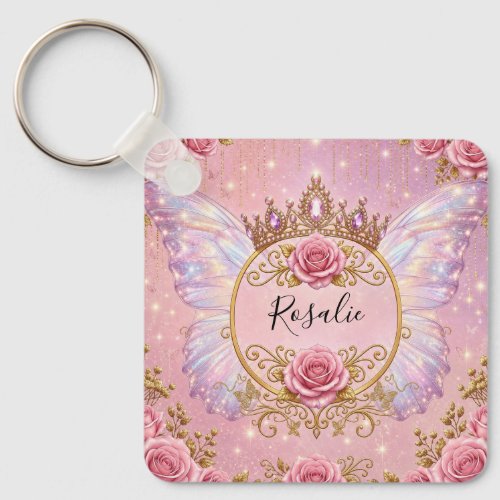 Pink & Gold Floral Fairy Princess Roses Butterfly Keychain