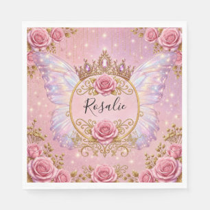 Pink & Gold Floral Fairy Princess Roses Butterfly Napkins