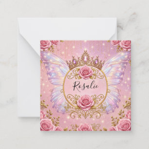 Pink & Gold Floral Fairy Princess Roses Butterfly Note Card