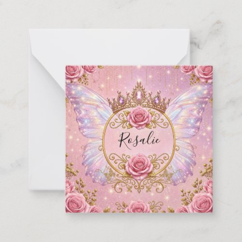 Pink & Gold Floral Fairy Princess Roses Butterfly Note Card
