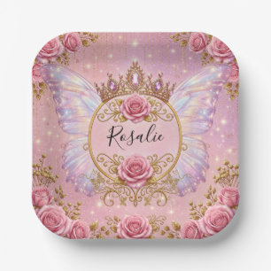 Pink & Gold Floral Fairy Princess Roses Butterfly Paper Plates