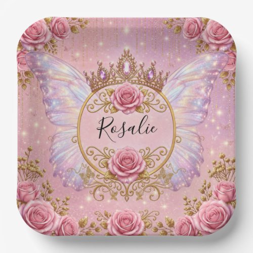Pink &amp; Gold Floral Fairy Princess Roses Butterfly Paper Plates