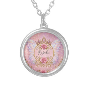 Pink & Gold Floral Fairy Princess Roses Butterfly Silver Plated Necklace