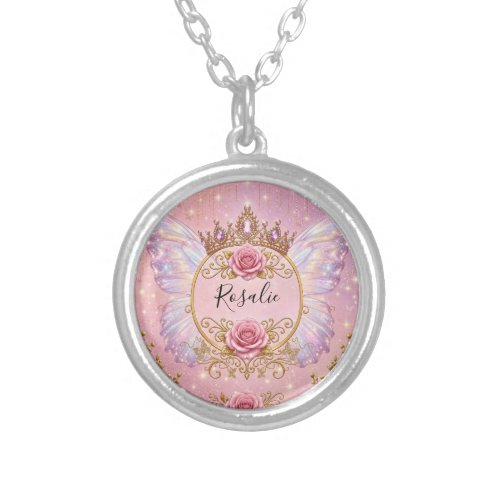 Pink & Gold Floral Fairy Princess Roses Butterfly Silver Plated Necklace