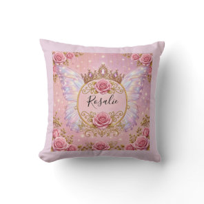 Pink & Gold Floral Fairy Princess Roses Butterfly Throw Pillow